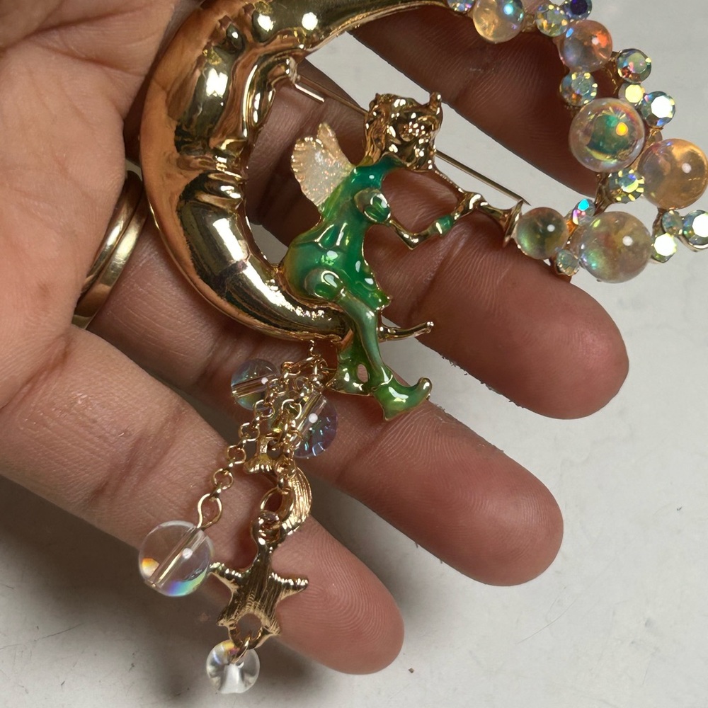 Gold and Green Moon Fairy Brooch Pin - Women's Jewelry